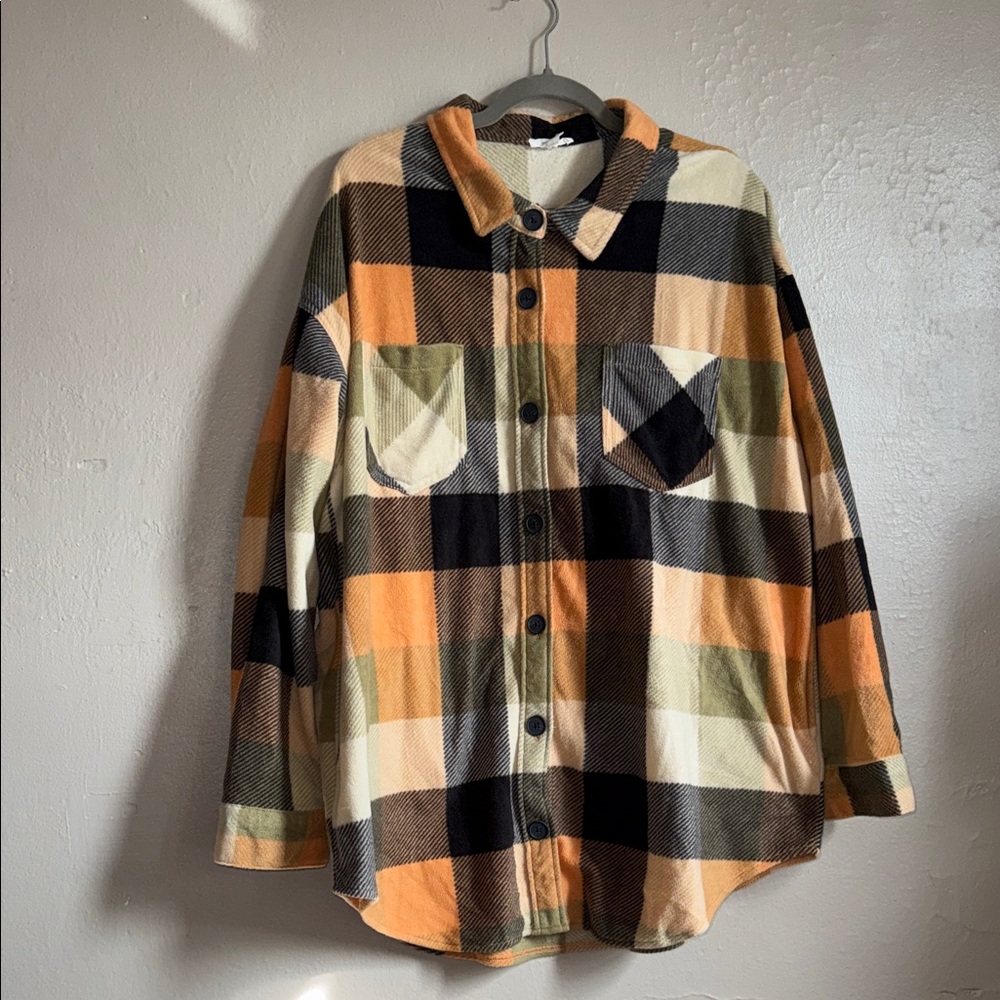 Maurices Orange Black Cream Plaid Shacket